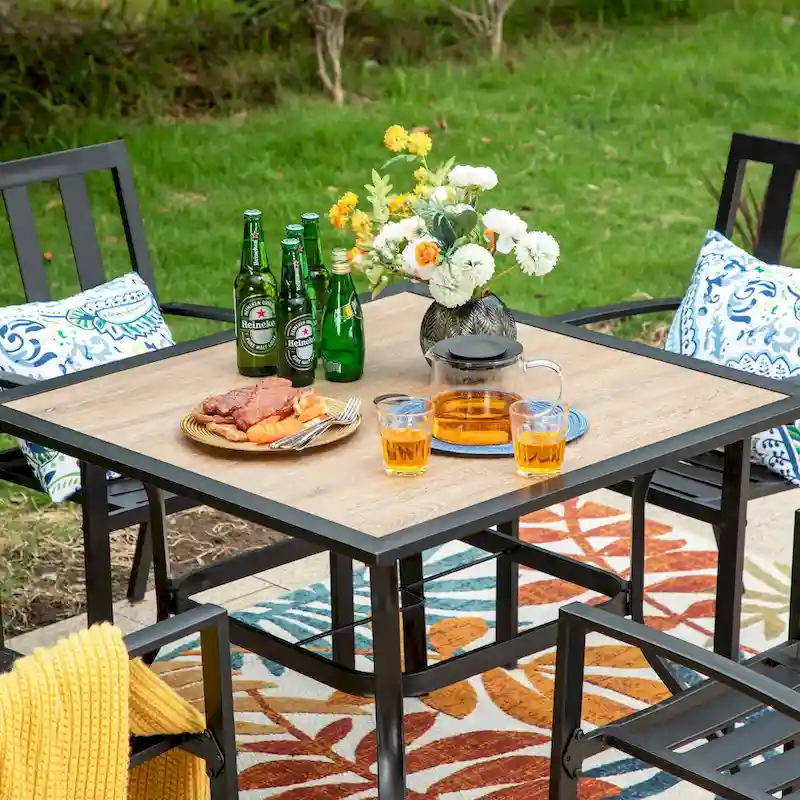 MAISON ARTS 5-piece Faux Wood Table and Metal Stackable Chairs Patio Set - 5-Pieces Sets