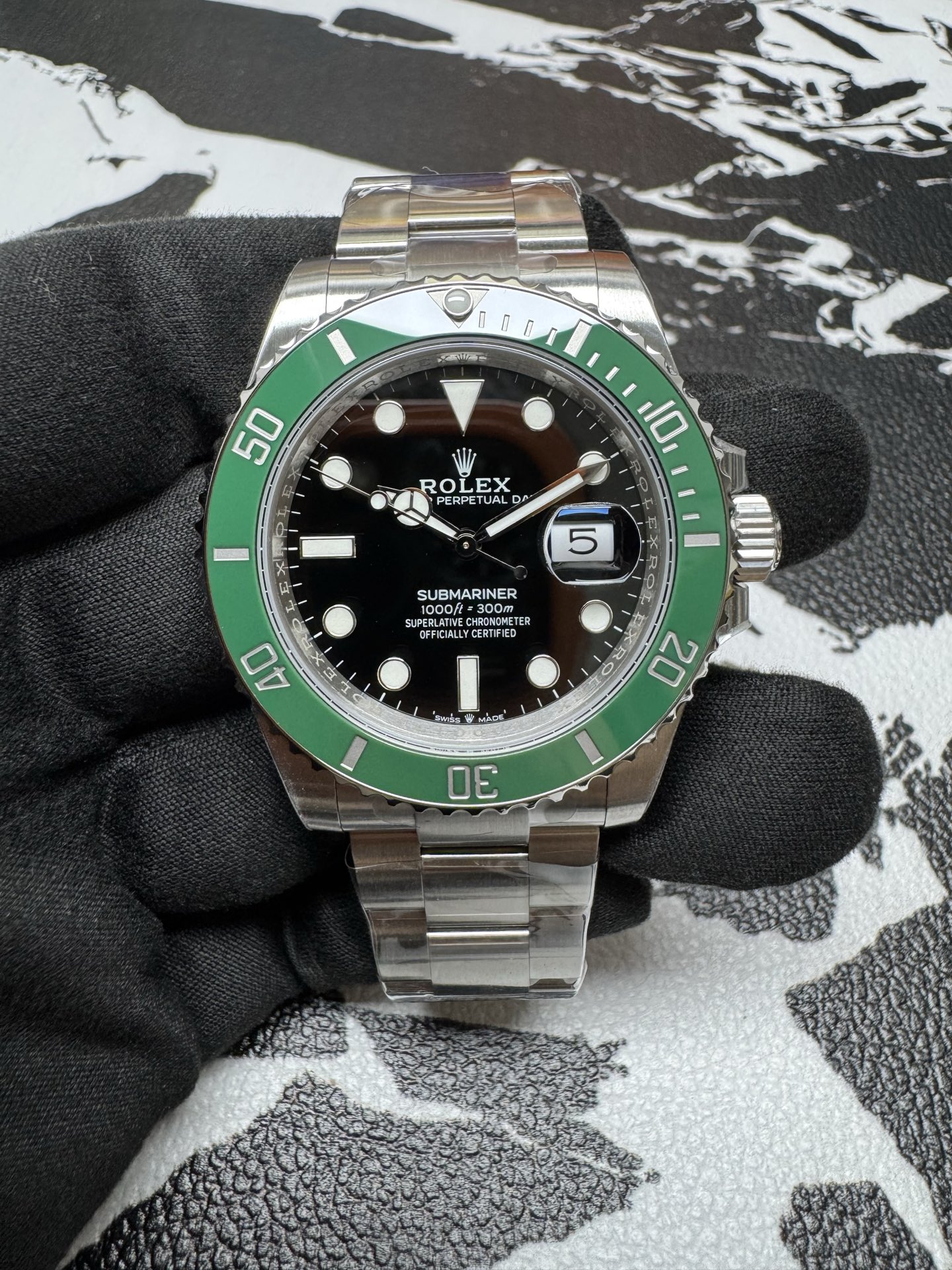 High-end replica Rolex Submariner 126610LV with green bezel and black dial front view