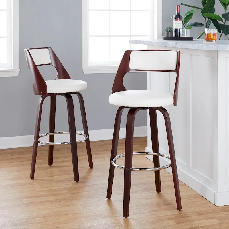 Cream/Brown/Grey Faux Leather Swivel Bar Stool, Wood Legs, Set of 2