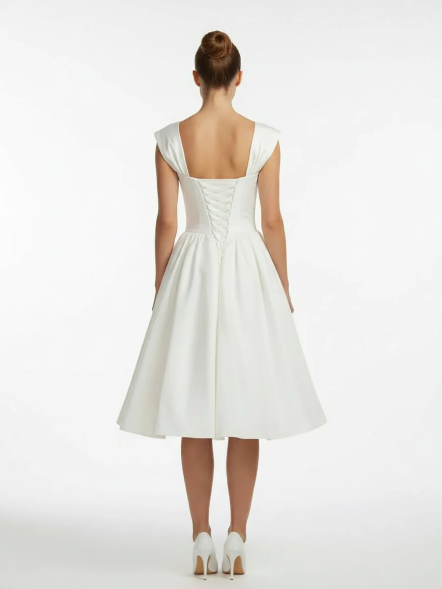 Straps Sleeveless Lace-Up Back Tea-Length Satin Wedding Dress