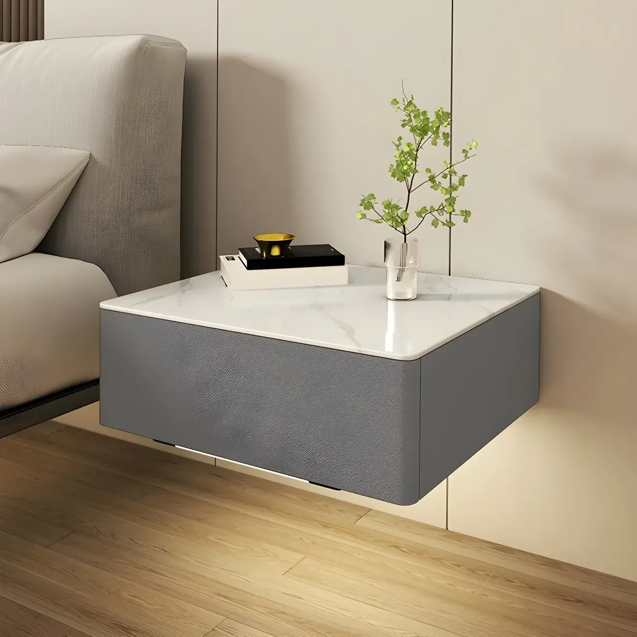 Modern Floating Stone Top Nightstand with Drawer
