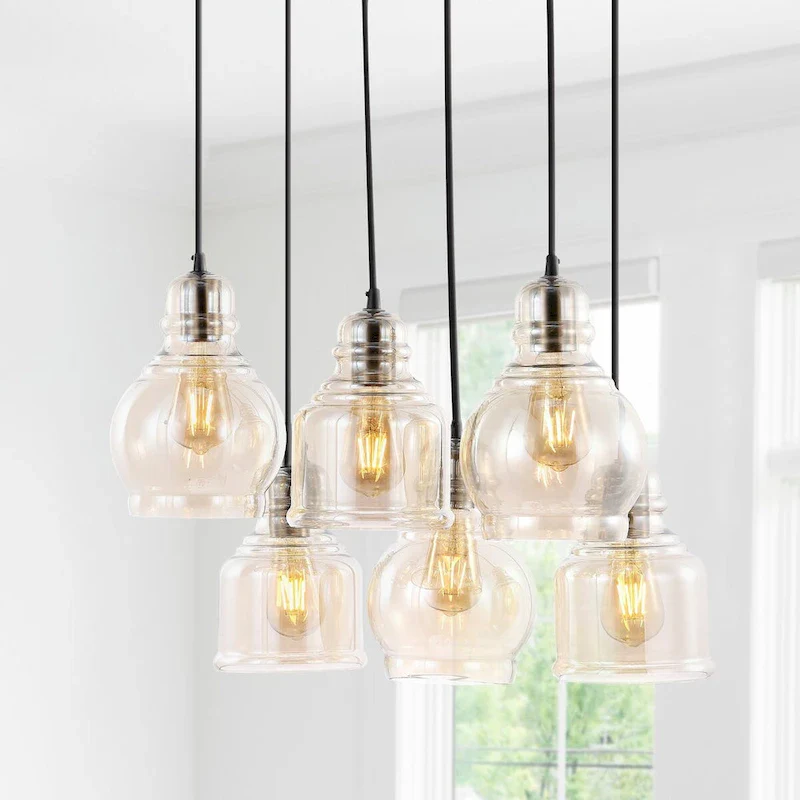 Cooper 18.88  6-Light Bohemian Farmhouse Iron/Glass Cluster LED Pendant, Nickel/Champagne by JONATHAN Y