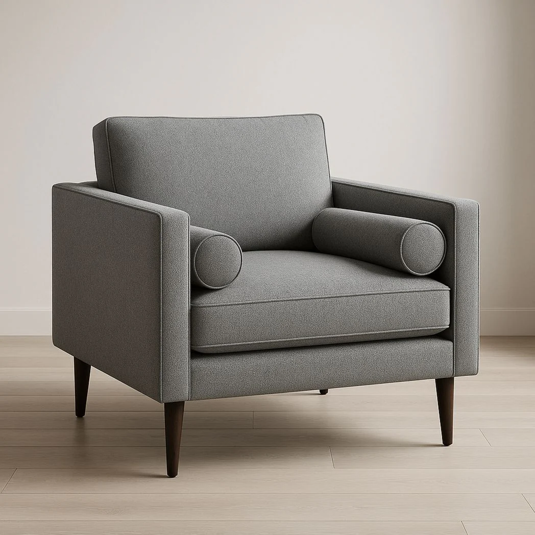 Fauteuil carré en tissu polycoton avec accoudoirs et pieds en bois, Gris, 75x85x90 cm