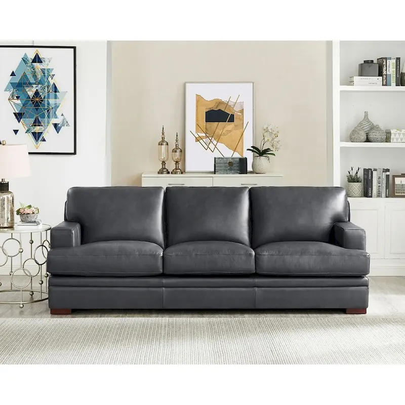 95-Inch Top Grain Leather Sofa with Goose Feather Down Cushions, Cross-Stitched Armrest, Solid Wood Frame