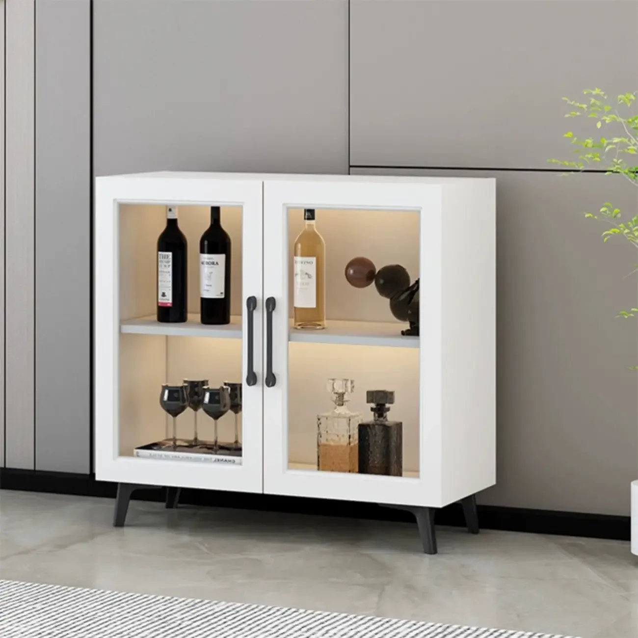 Gray Modern Display Cabinet with Metal Base and Glass Door