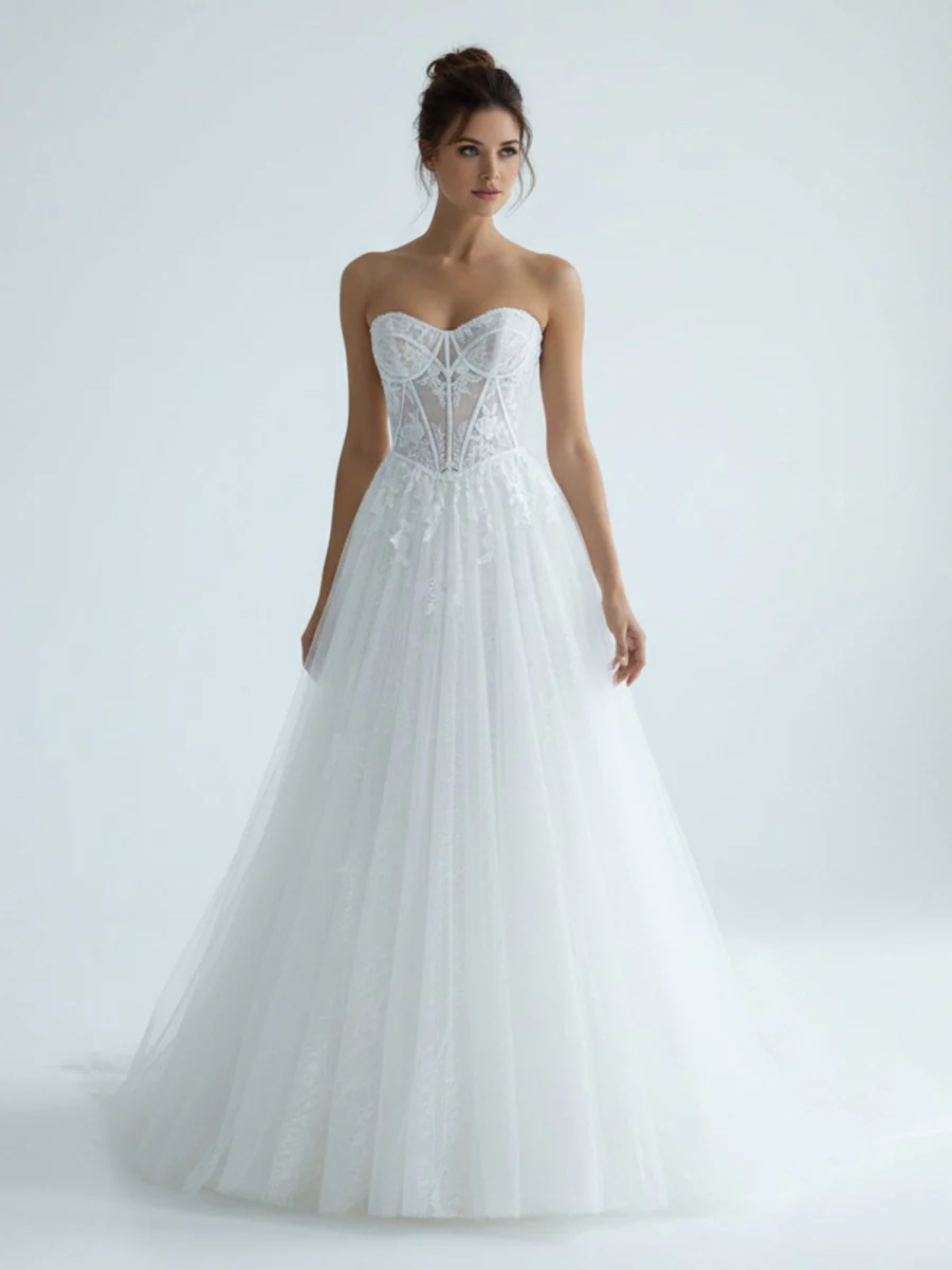 Charming A-Line Strapless Tulle Lace Wedding Dresses