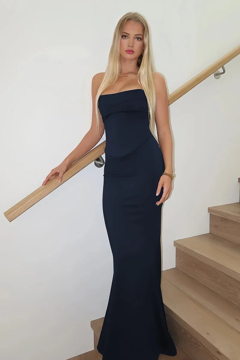 Sky Blue Strapless Sleeveless Mermaid Satin Long Prom Dresses