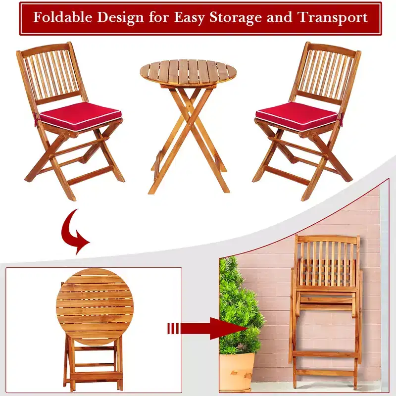 Costway 3PCS Patio Folding Wooden Bistro Set Cushioned Chair Conversation Cushion