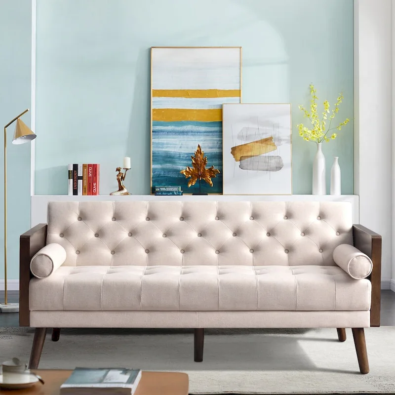 Beige Chenille Convertible Futon Sofa Bed