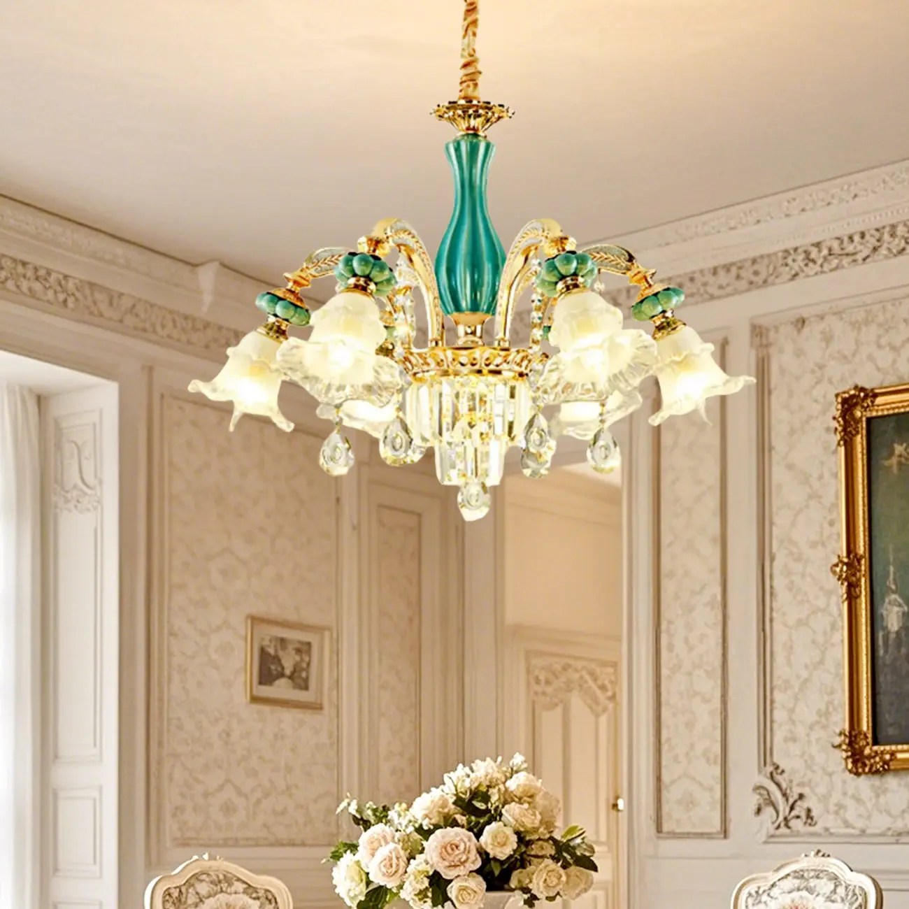 Living Room Down Light Crystal Chandelier with Flower Glass Shape