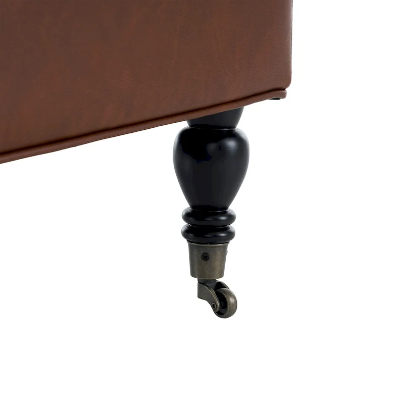 Brown Classic Square PU Leather Ottoman with Wood Legs & Casters, 1-Person