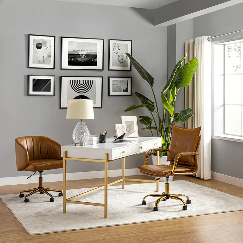 PU Leather Tufted Swivel Task Chair with Adjustable Height, Armrests & Gold 5-Star Base | Camel / Navy / Brown / Black / Grey / Sage / White | Single Seat