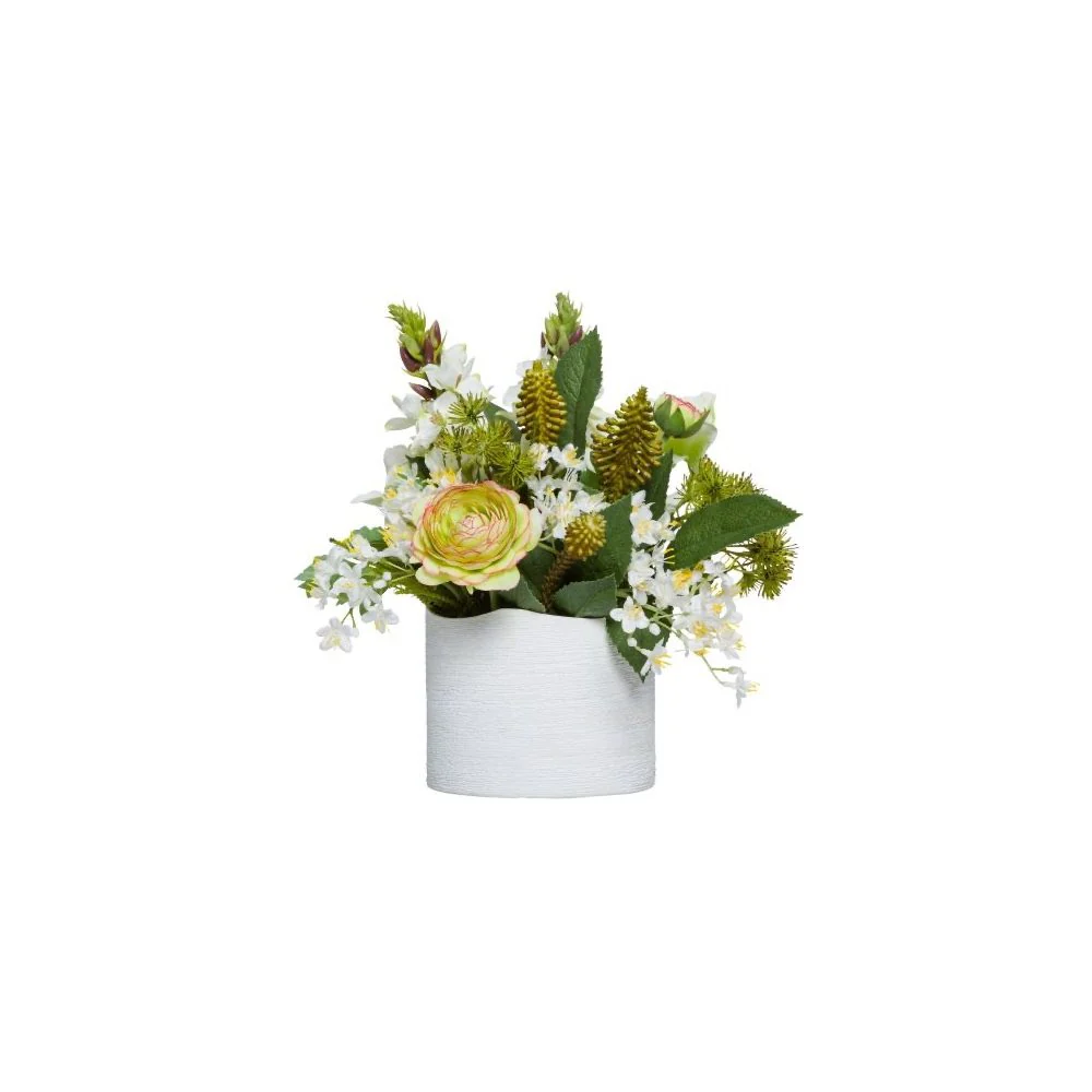 WHITE/GREEN FLOWERS IN WHITE CYLINDER
