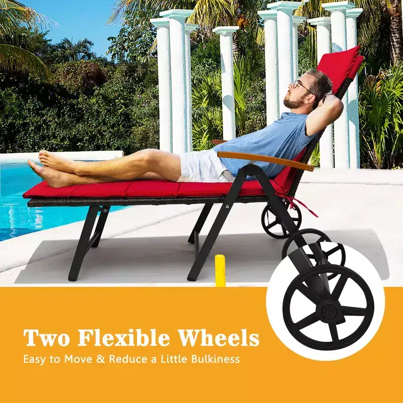 Costway 2 PCS Folding Patio Rattan Lounge Chair Cushioned Aluminum w/ Wheel