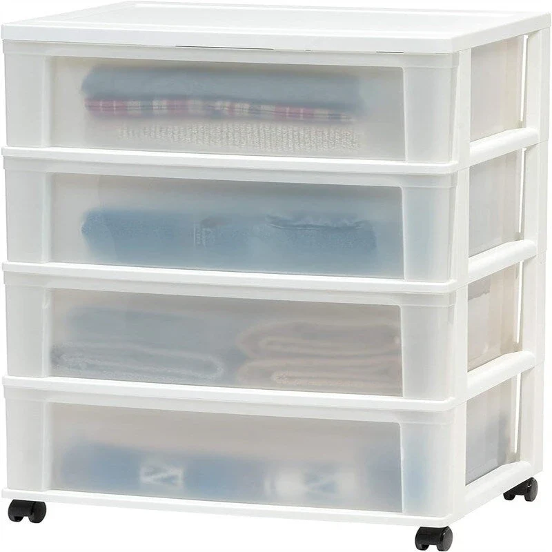 4-Drawer Rolling Storage Cart with Frosted Drawers, White/Black, Single Unit