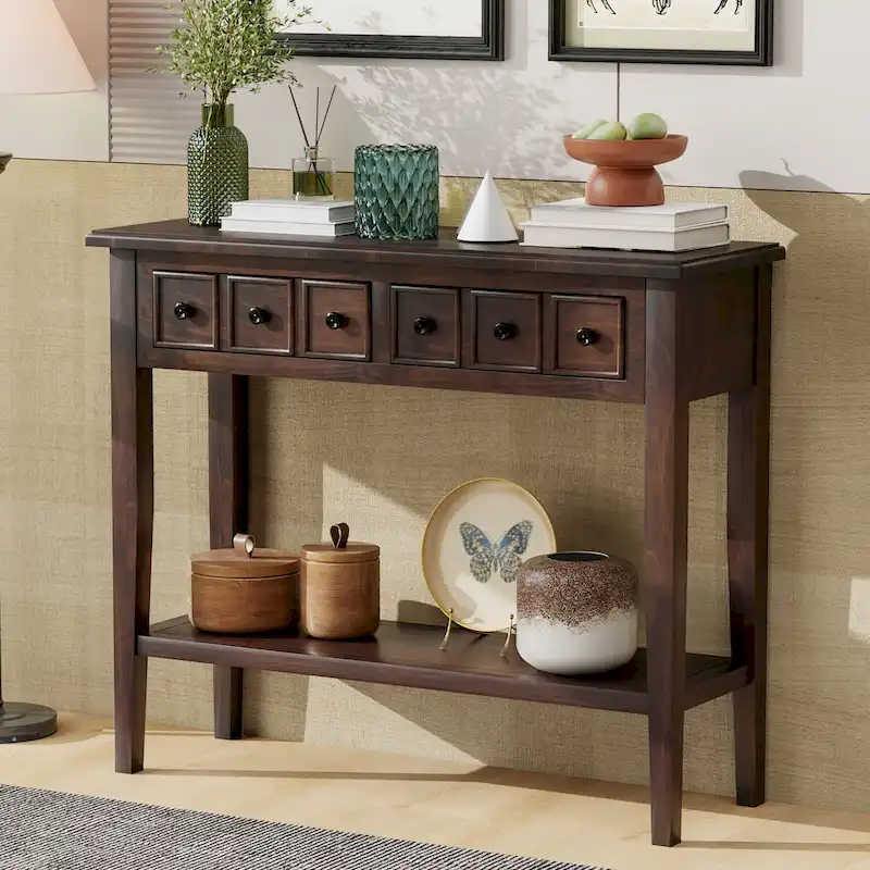 38.2 Rustic Console Table with Open Shelf and Three Drawers, Rubber Wood Legs