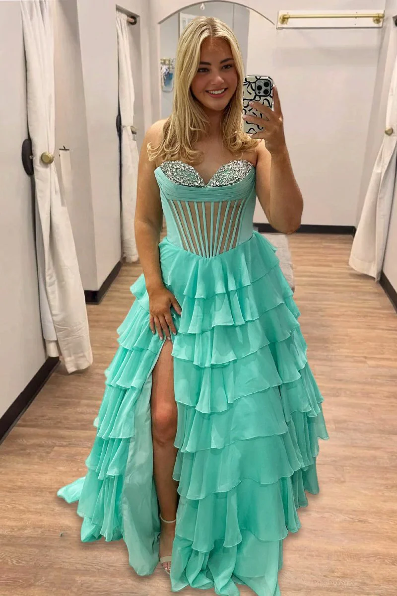 Mint Green - Strapless A Line Chiffon Ruffled Formal Prom Dresses With Beading