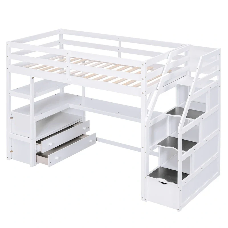 Twin Size Loft Bed with Desk, Shelves and Drawers – Grey/White, Single Sleeper