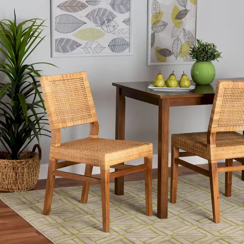 Natural Brown / Walnut Brown Bohemian Rattan & Mahogany Wood Dining Chair with Square Backrest & Angled Legs, 1-Person