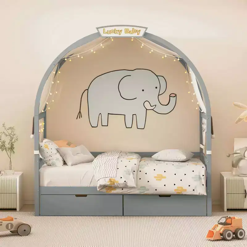 Arched Twin Size House Bed with 2 Storage Drawers, Canopy Bed Frame with Lights Strip, Wood Montessori Floor Bed for Kids