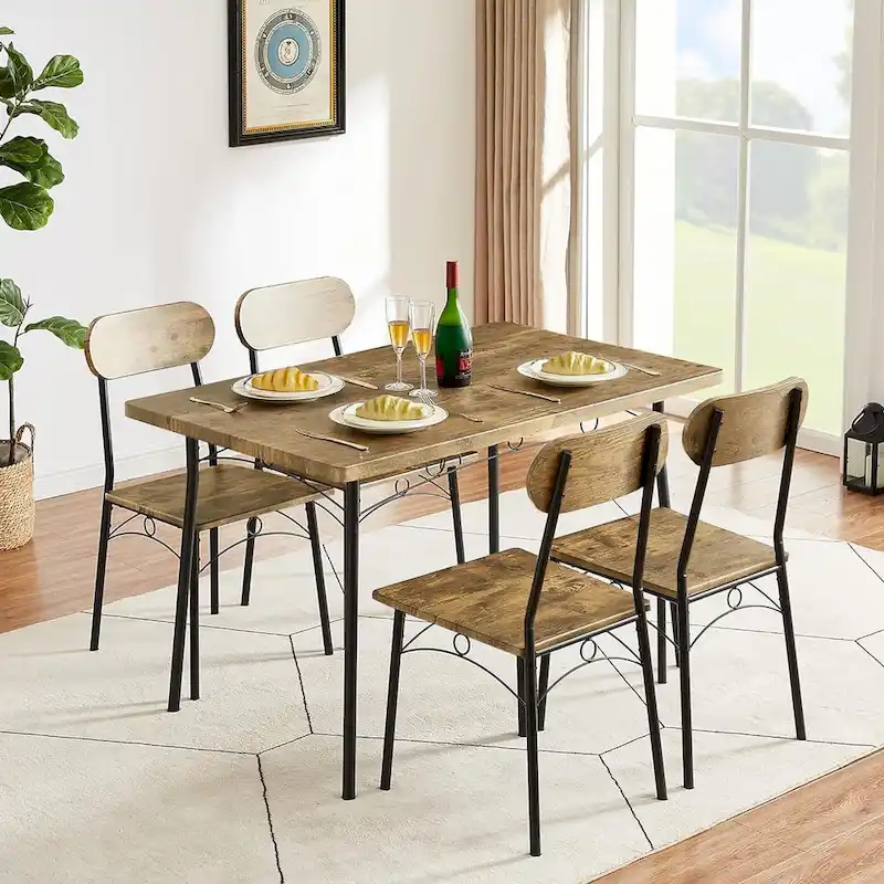 VECELO Dining Table Set, Kitchen Table with 2/4 Chairs, Metal and Wood Rectangular 3/5-Piece Dining Set