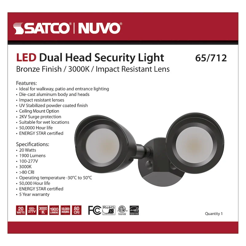 LED Security Light Dual Head Bronze Finish 3000K