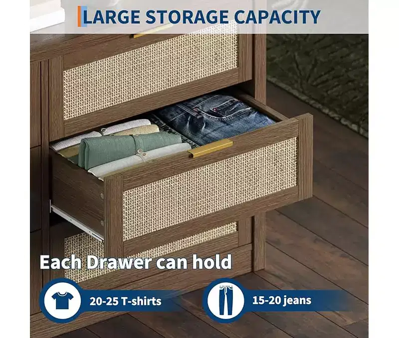 6 Drawer Dresser for Bedroom, Wide Rattan Dresser, Wooden with Gold Handles, Farmhouse Tv Stand Entryway Table, Modern Chest of Drawers for room
