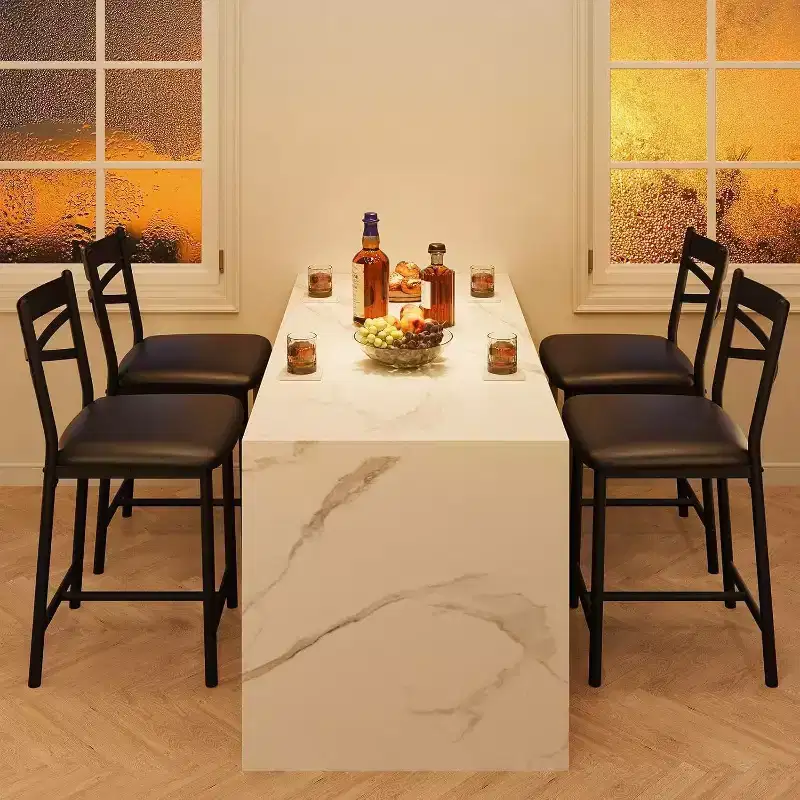 Counter Height Bar Stools, PU Leather Upholstered Seat Bar Chairs with X-Back Design & Footrest, Metal Frame Stools