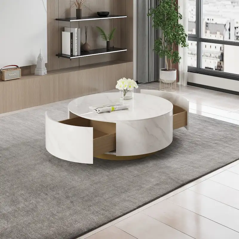 Modern Round Coffee Table, White Sintered Stone Tabletop with 2 Drawers