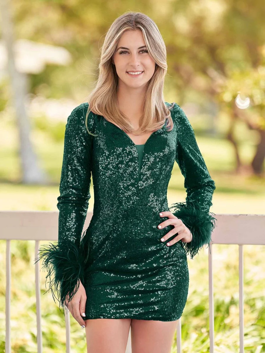 V Neck Hot Pink Sequins Short Tight Mini Party Dresses