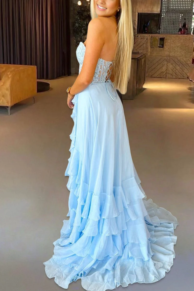 Sky Blue - Strapless Chiffon Ruffled A Line Long Prom Dresses With Appliques