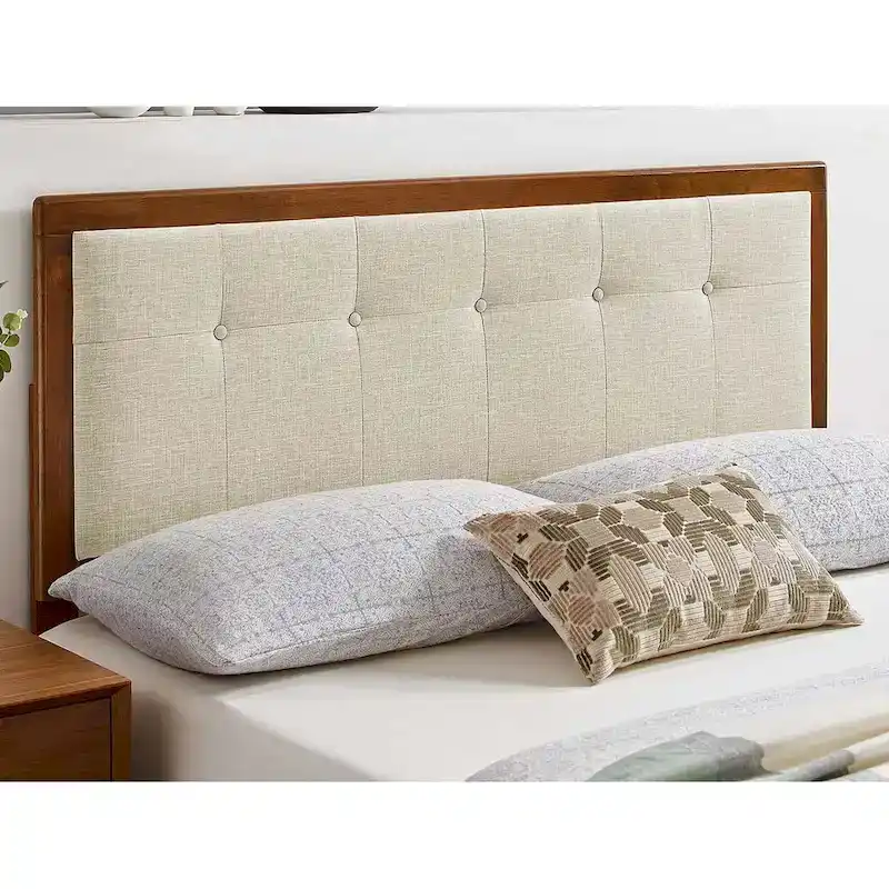 Marlin Traditional Beige Fabric Button Tufted King Walnut Wooden Headboard