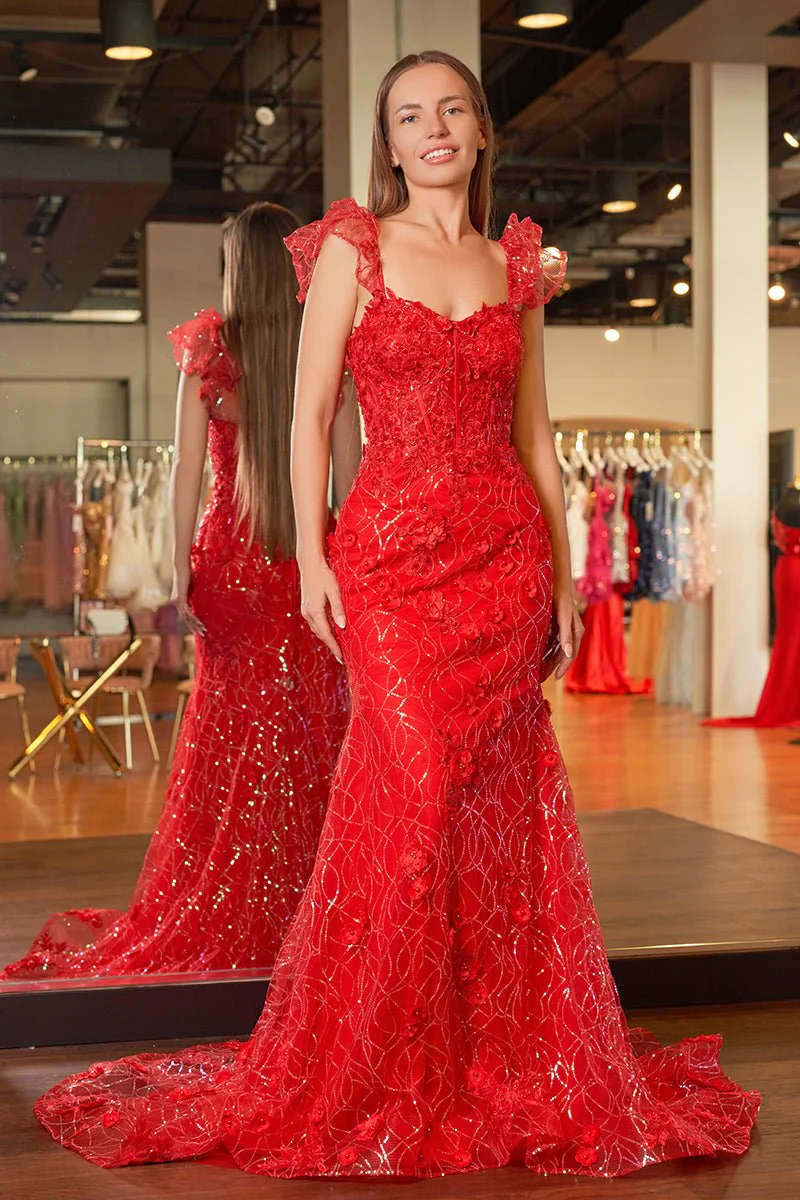 Yellow Ruffle Straps 3D Flower Mermaid Long Prom Dress