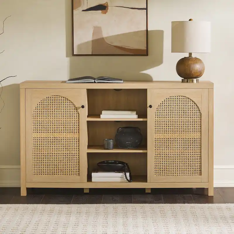 Natural Wood Sideboard with Arched Rattan Doors
