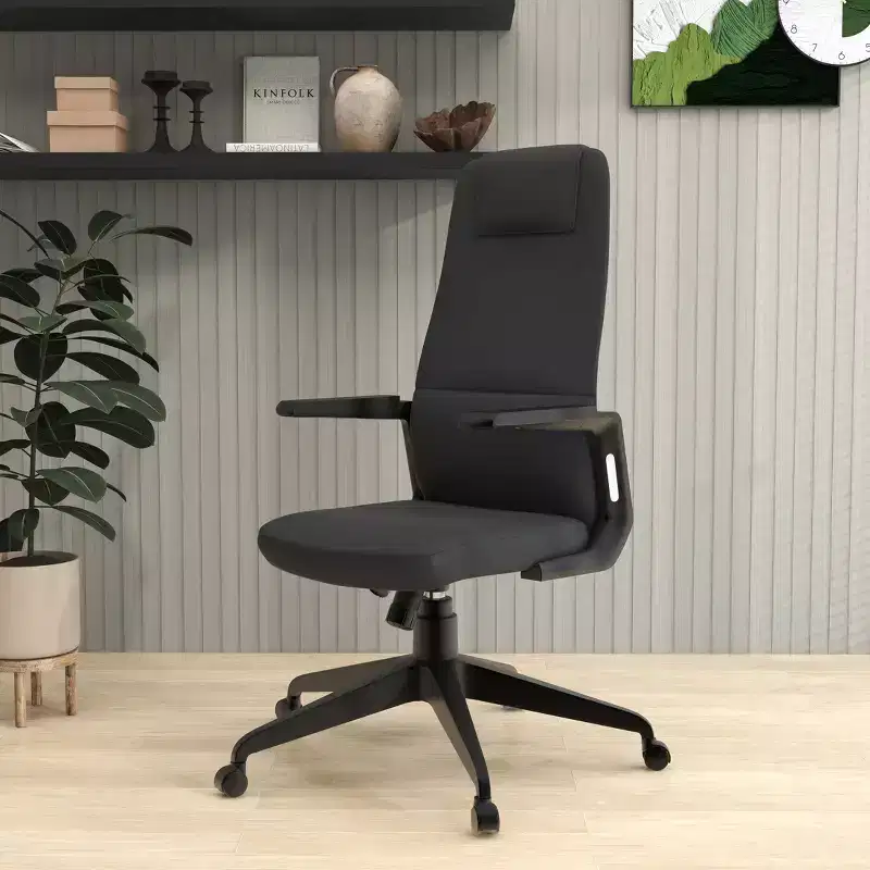 Black/Blue/Grey/White Leather & Grey Polyester High-Back Swivel Office Chair, 1-Person