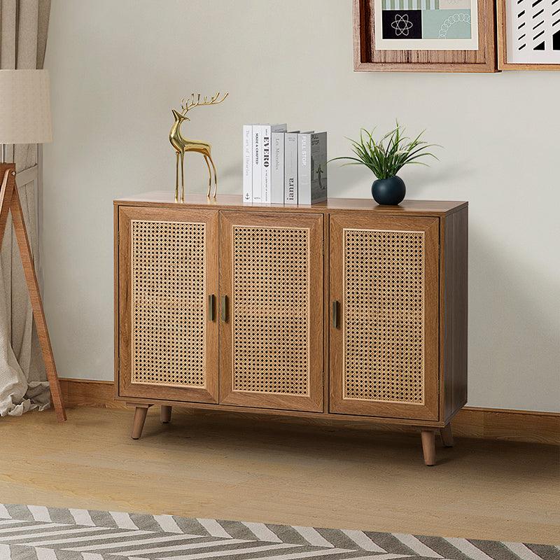 3-Door Rattan Accent Cabinet with 4 Interior Shelves, Retro Metal Pulls & Solid Wood Legs | Walnut / Black / Espresso | Single