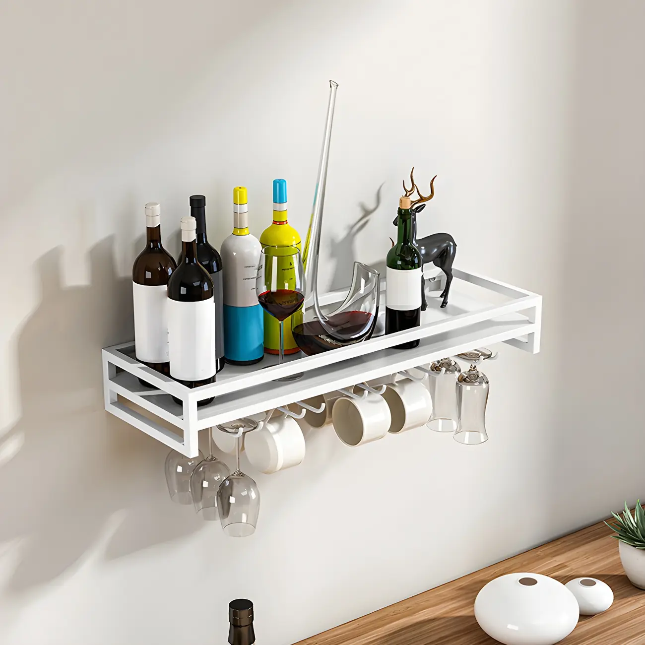 Floating Mount Metal Wine Glasses and Bottle Rack with Hook