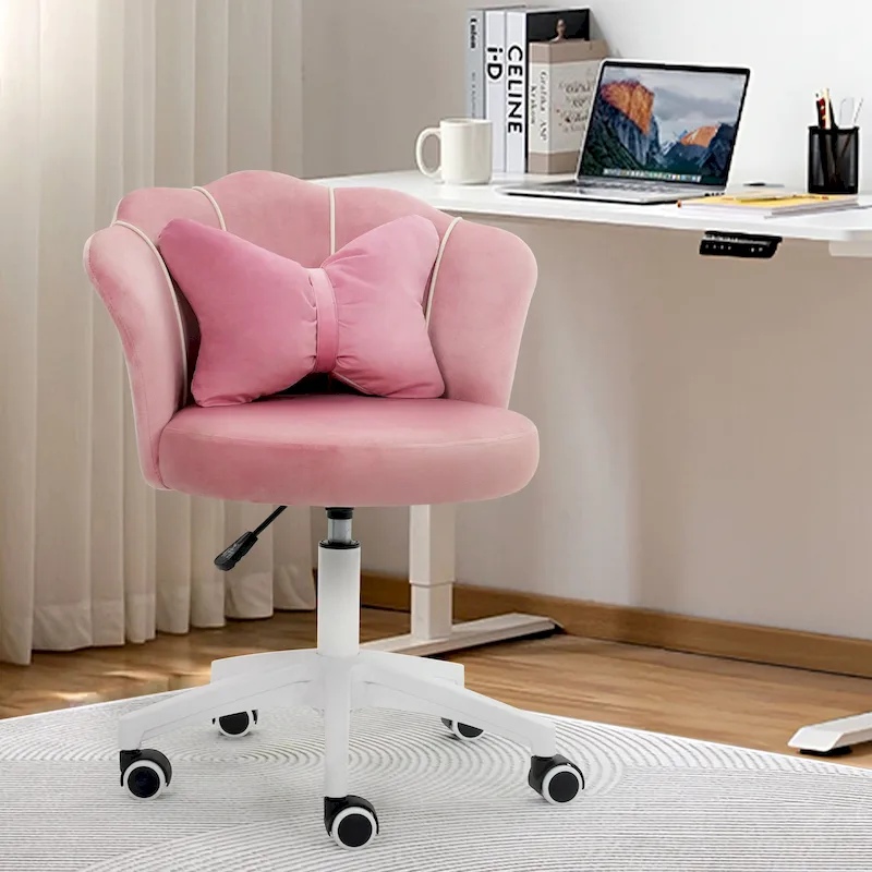 Pink / White / Grey / Black Velvet Swivel Office Chair with Lumbar Pillow, Flower Back, Single