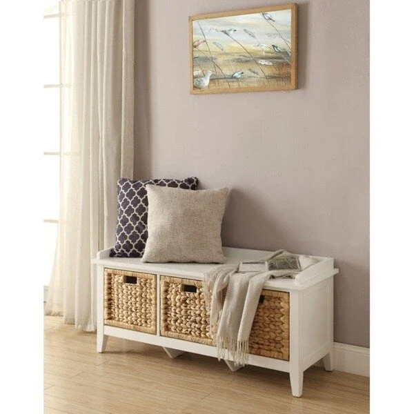 White Wooden Bench with 3 Rattan Baskets