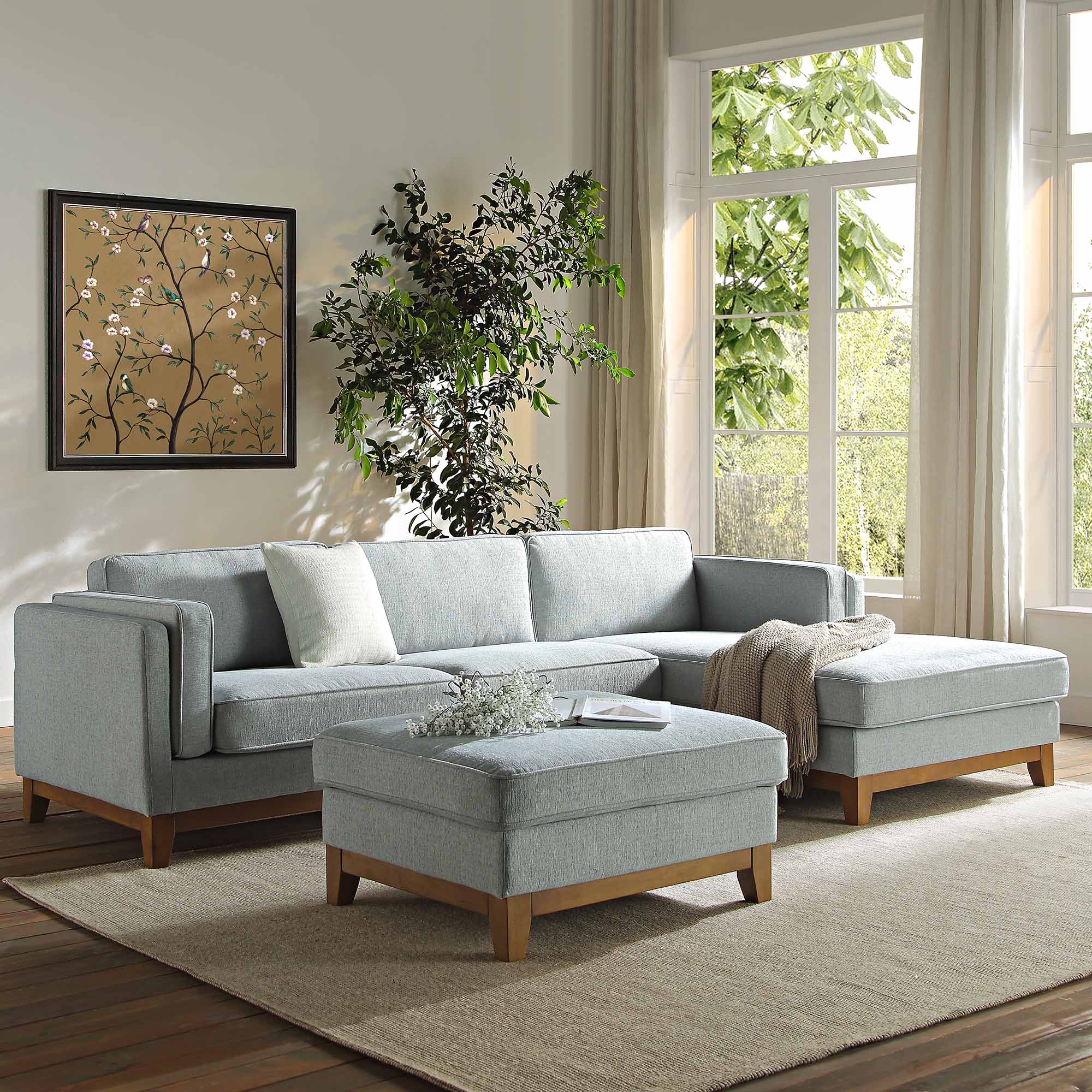 Sage Woven Fabric Sofa, Grande Chaise Sofa Right Hand Facing