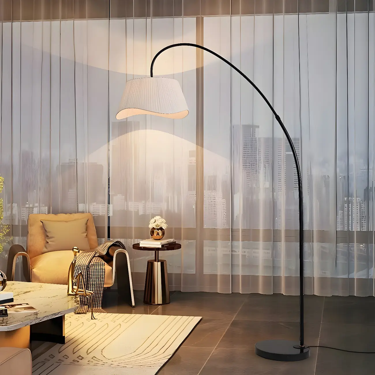 Plug In Black Arc LED Floor Lamp with Shelf