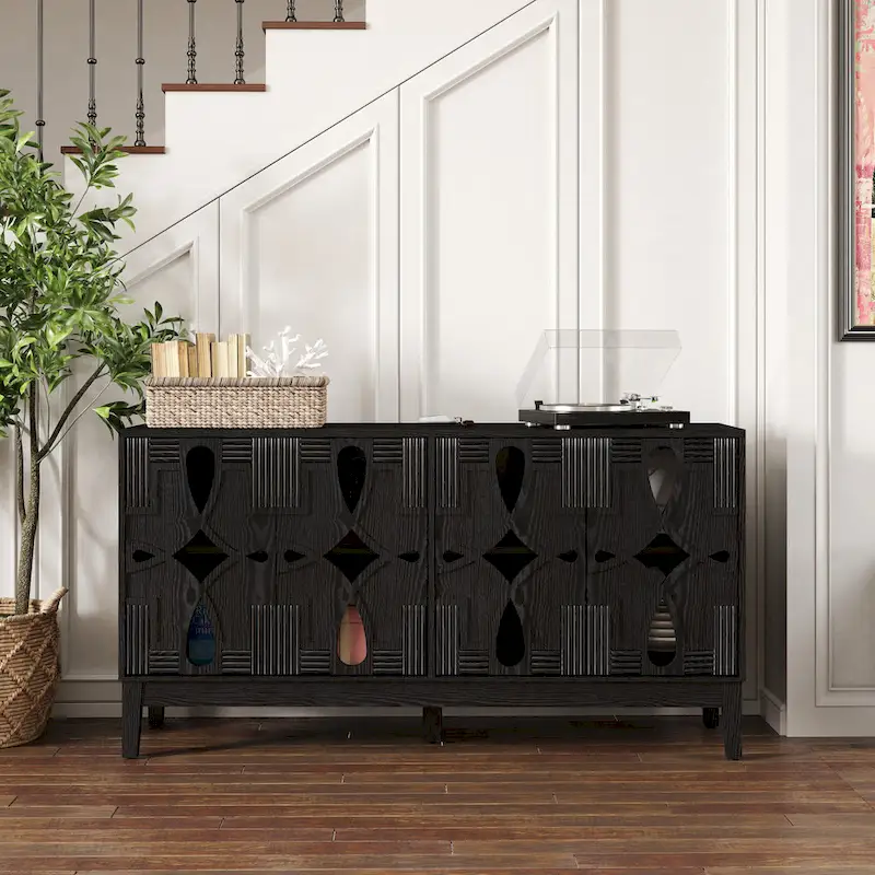 Hollow-Carved Accent Cabinet Sideboard Buffet Cabinet, 60.5 Entrance Storage Cabinet Media Console Table with 4 Doors