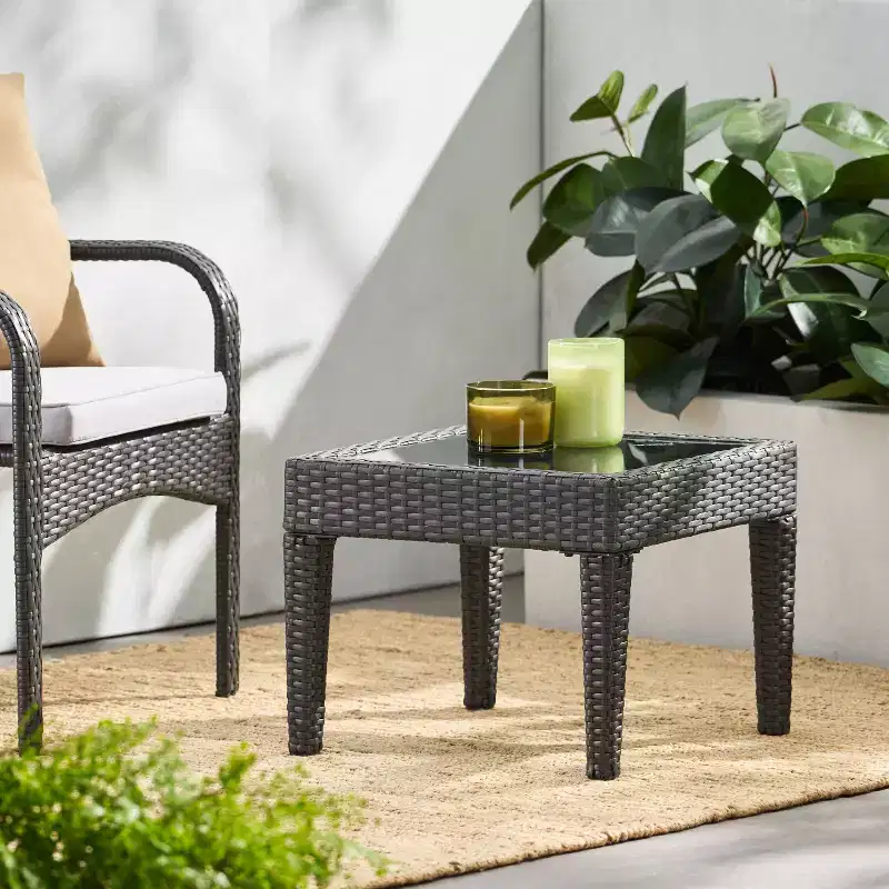 GDFStudio Vincent Outdoor Wicker Side Table with Glass Top