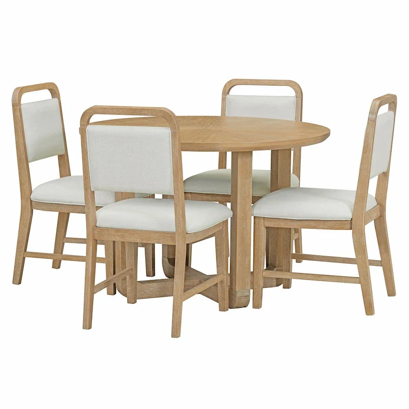 5 Piece Dining Table and Chair Set, Wooden Kitchen Dining Table Set with Round Dining Table and 4 Upholstered Chairs