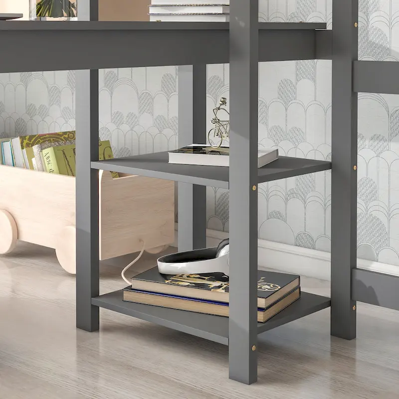 Grey Full Size Wood Loft Bed with Built-in Desk and Guardrails