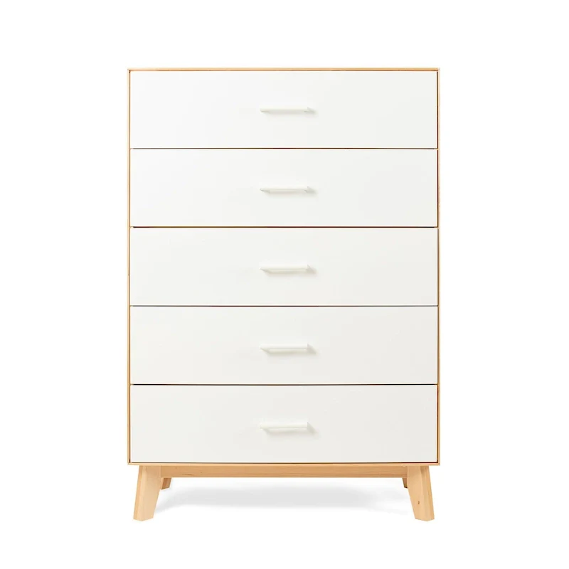 White & Natural 5-Drawer Solid Wood Dresser – Single