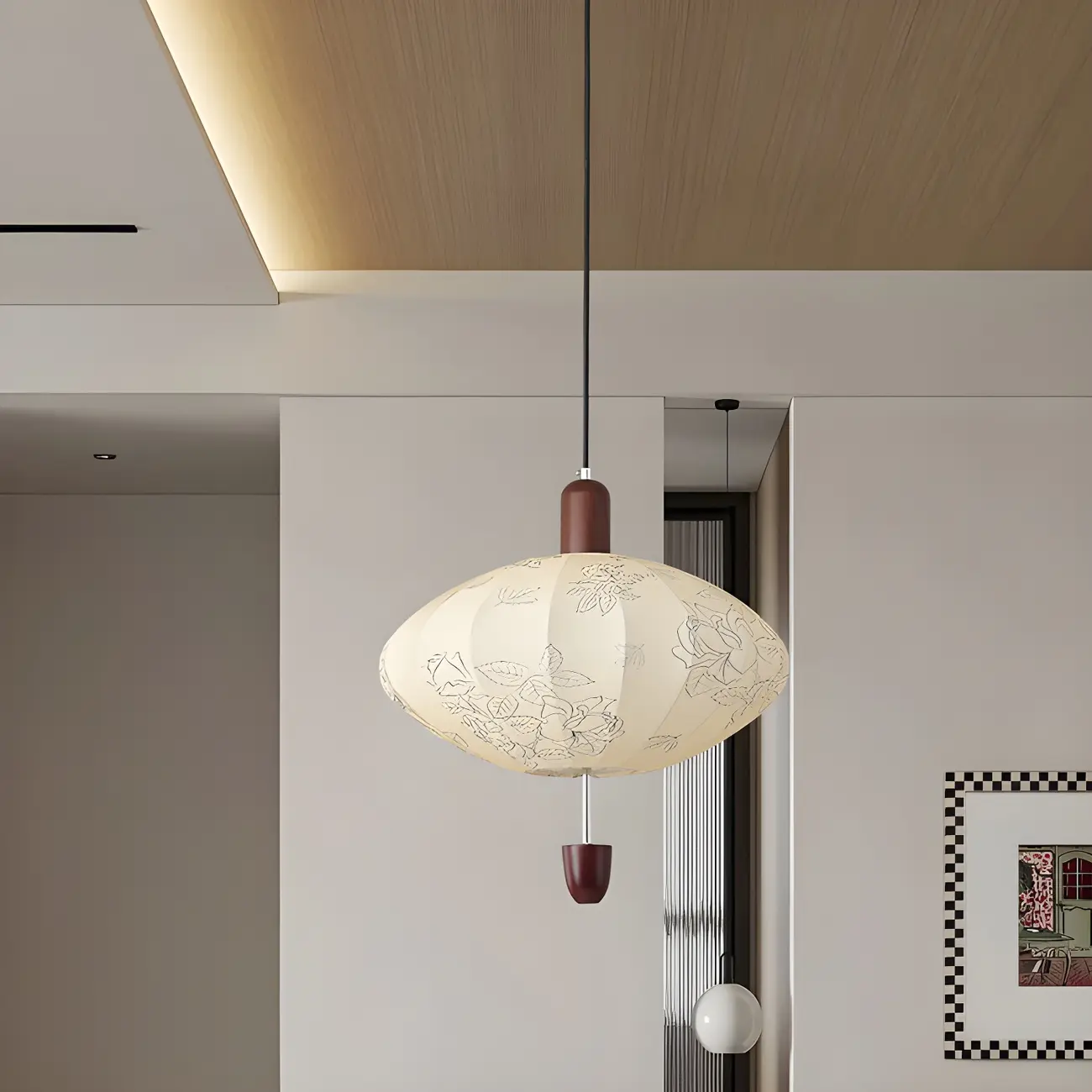 Elegant Flower Pattern Beige Fabric Geometric Chandelier