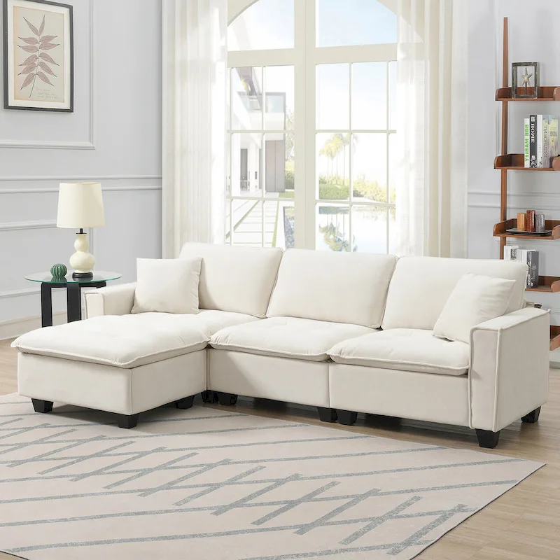 100 L-Shaped Convertible 4 Seater Sectional Sofa with Removable Ottoman and Matching Pillows, Suede Velvet Upholstery