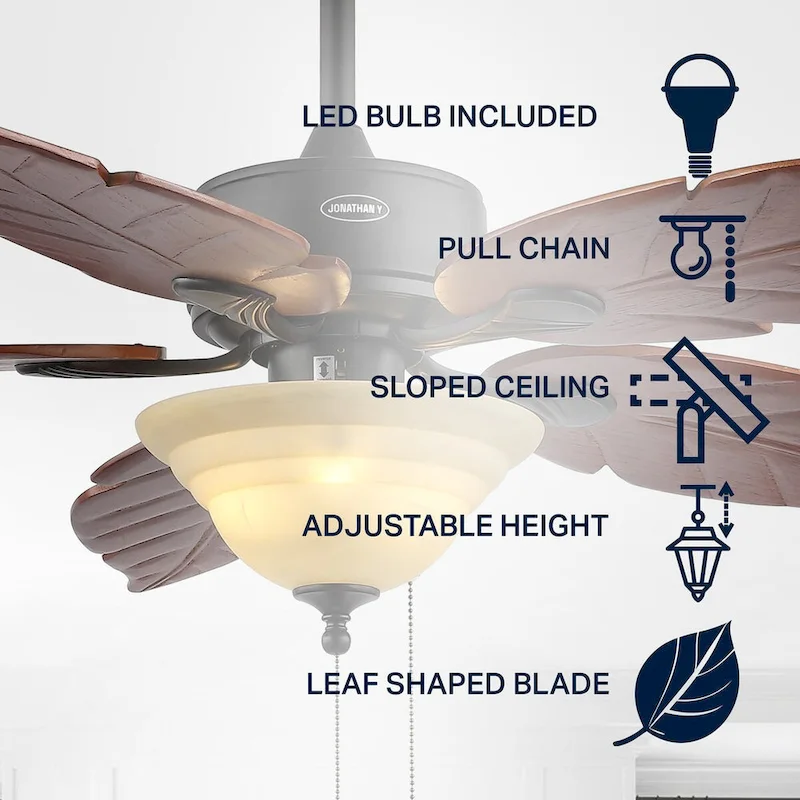 Owen 52  3-Light Coastal Bohemian Iron/Wood Palm Leaf LED Ceiling Fan with Pull Chain, by JONATHAN Y