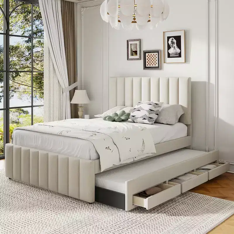 Whisen Twin Size Linen Upholstered Platform Bed with Trundle and 3 Storage Drawers